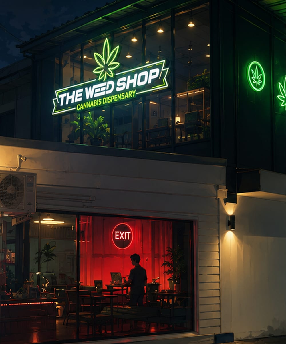 Illustration of The Weed Shop Srinagarindra storefront at night with a green neon leaf sign and a red lit seating area window