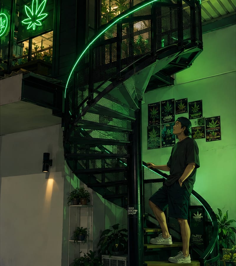 Illustration of the neon lit spiral staircase outside The Weed Shop Srinagarindra